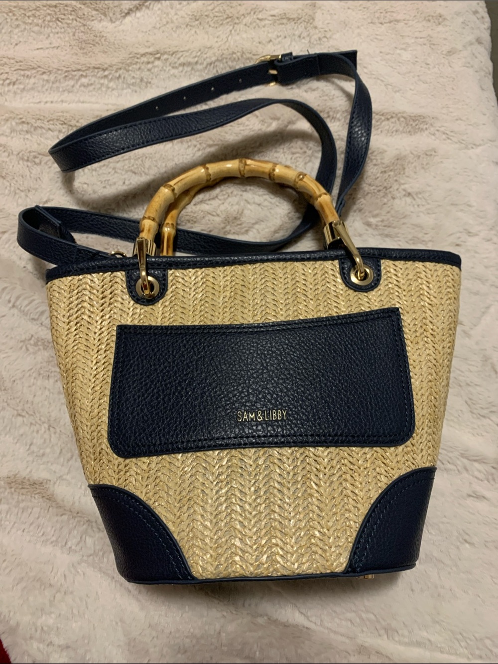 Sam & Libby Navy and Natural Straw Tote with Bamboo Handles and Removable Strap